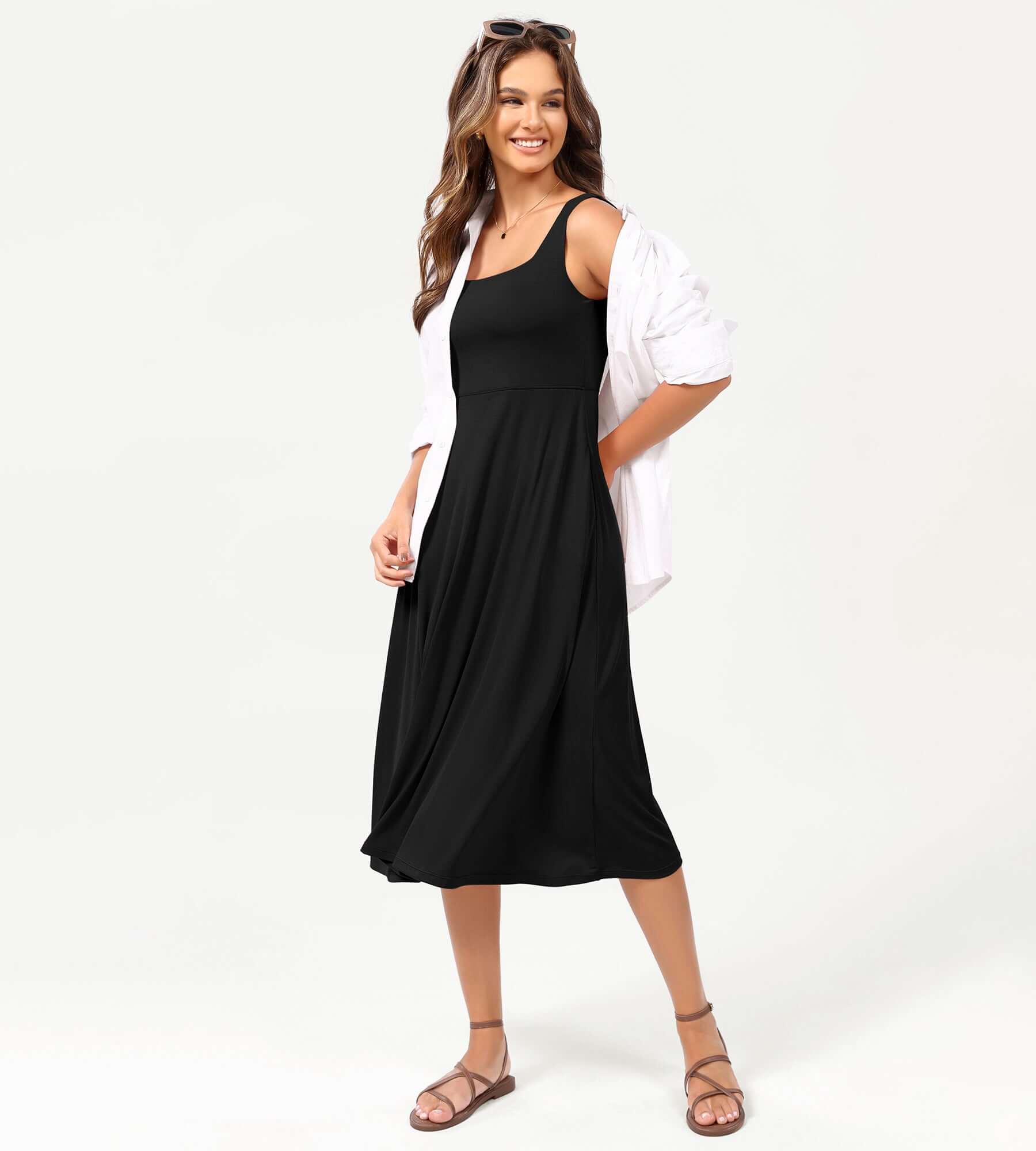 Square Neck Casual Sleeveless Sundress Flare Tank Dress with Pockets - ododos