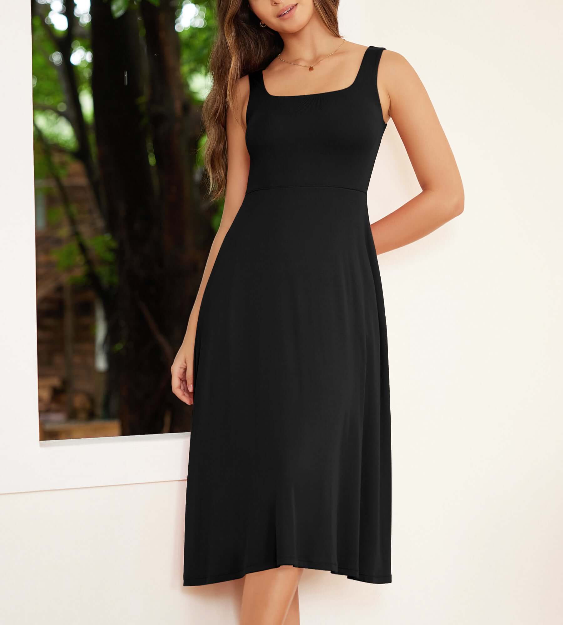 Square Neck Casual Sleeveless Sundress Flare Tank Dress with Pockets - ododos