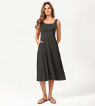 Square Neck Casual Sleeveless Sundress Flare Tank Dress with Pockets - ododos