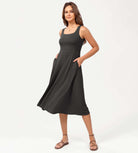 Square Neck Casual Sleeveless Sundress Flare Tank Dress with Pockets Charcoal - ododos