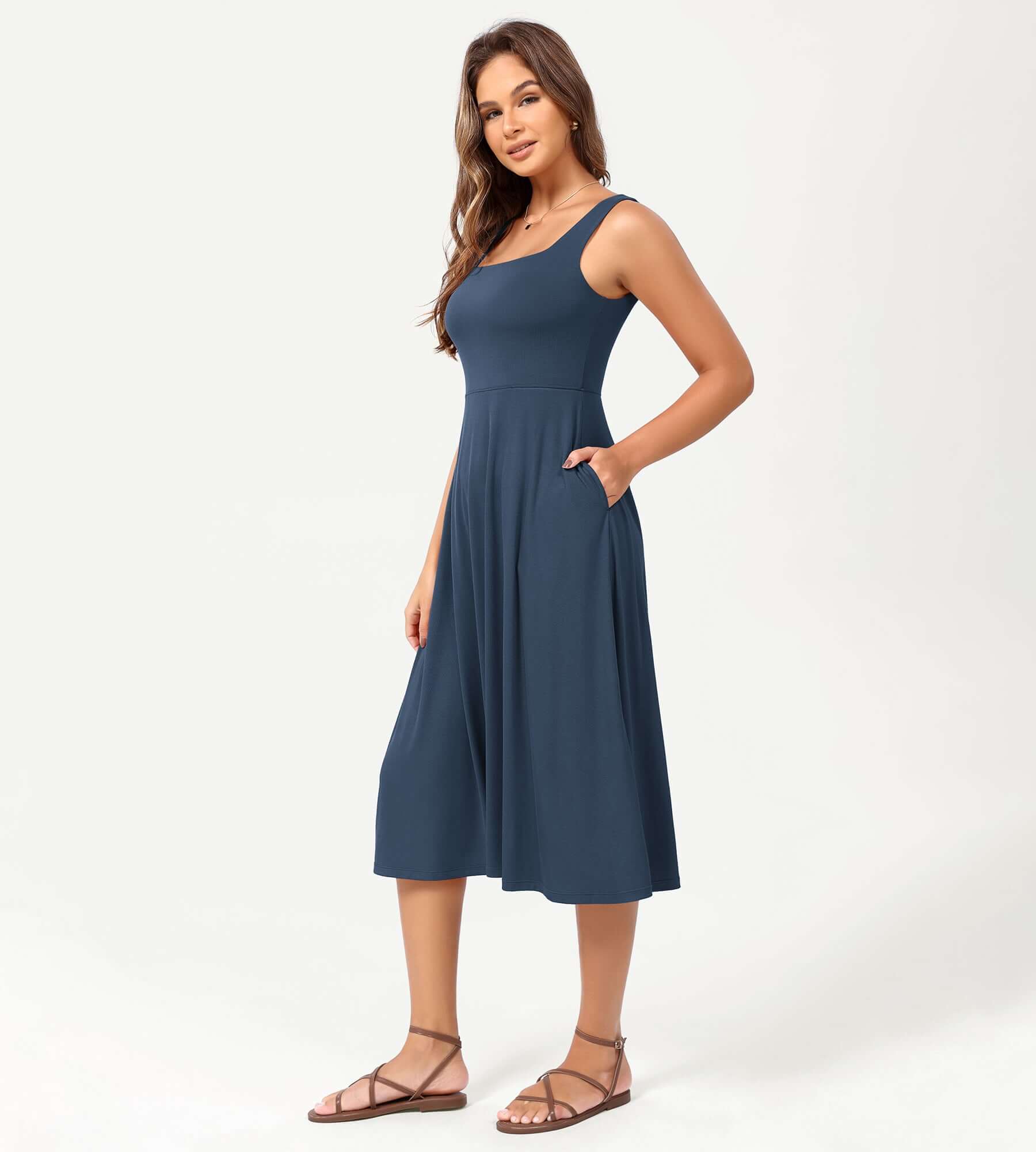 Square Neck Casual Sleeveless Sundress Flare Tank Dress with Pockets - ododos