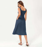 Square Neck Casual Sleeveless Sundress Flare Tank Dress with Pockets - ododos