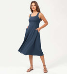 Square Neck Casual Sleeveless Sundress Flare Tank Dress with Pockets Dark Blue - ododos