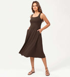 Square Neck Casual Sleeveless Sundress Flare Tank Dress with Pockets Dark Brown - ododos