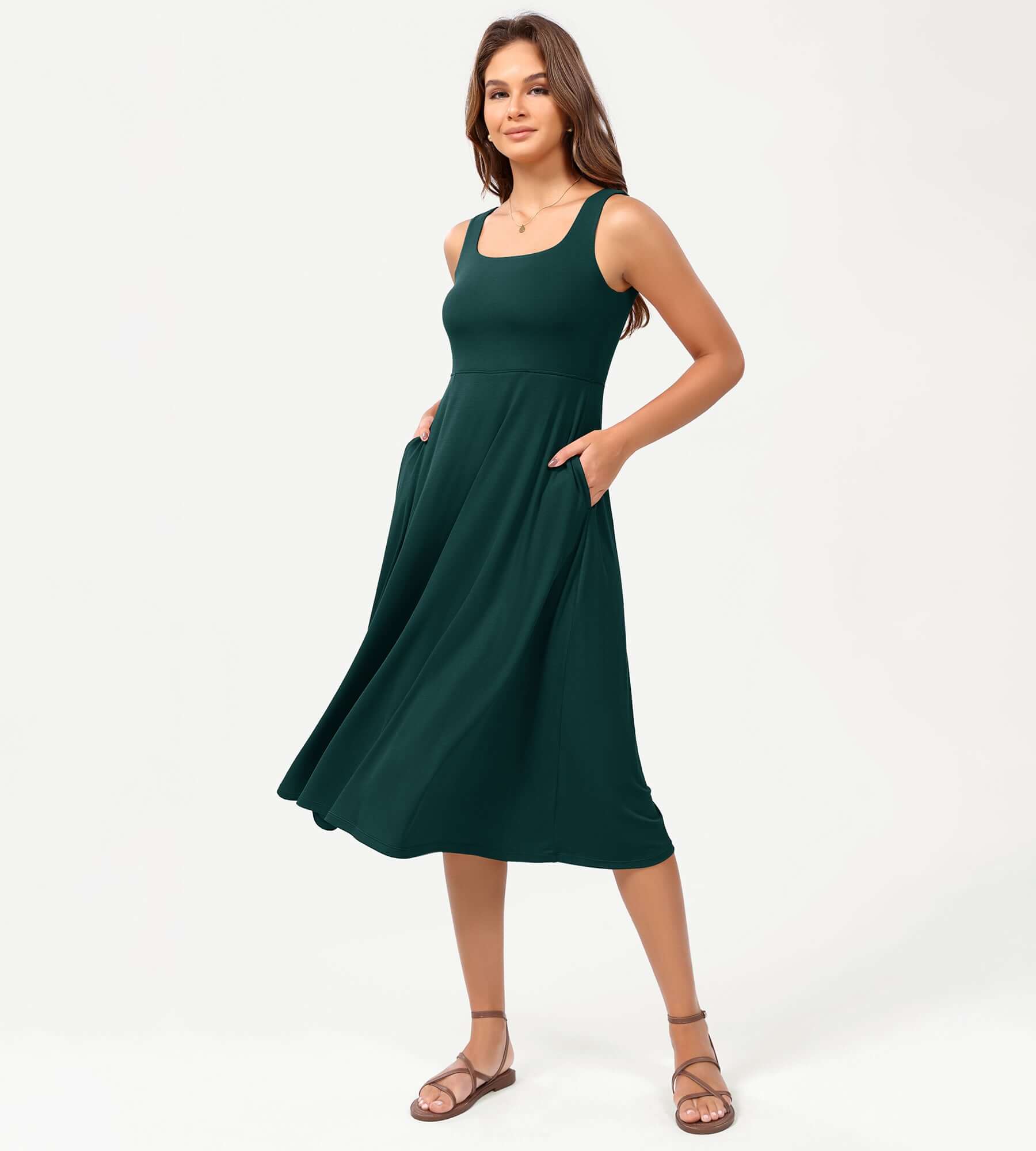 Square Neck Casual Sleeveless Sundress Flare Tank Dress with Pockets Dark Green - ododos