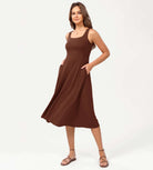 Square Neck Casual Sleeveless Sundress Flare Tank Dress with Pockets Dark Rust - ododos