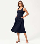 Square Neck Casual Sleeveless Sundress Flare Tank Dress with Pockets Deep Navy - ododos