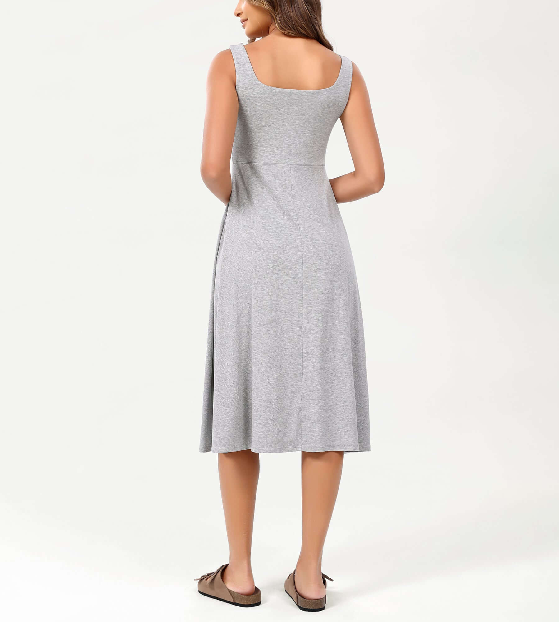 Square Neck Casual Sleeveless Sundress Flare Tank Dress with Pockets - ododos