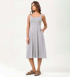 Square Neck Casual Sleeveless Sundress Flare Tank Dress with Pockets - ododos