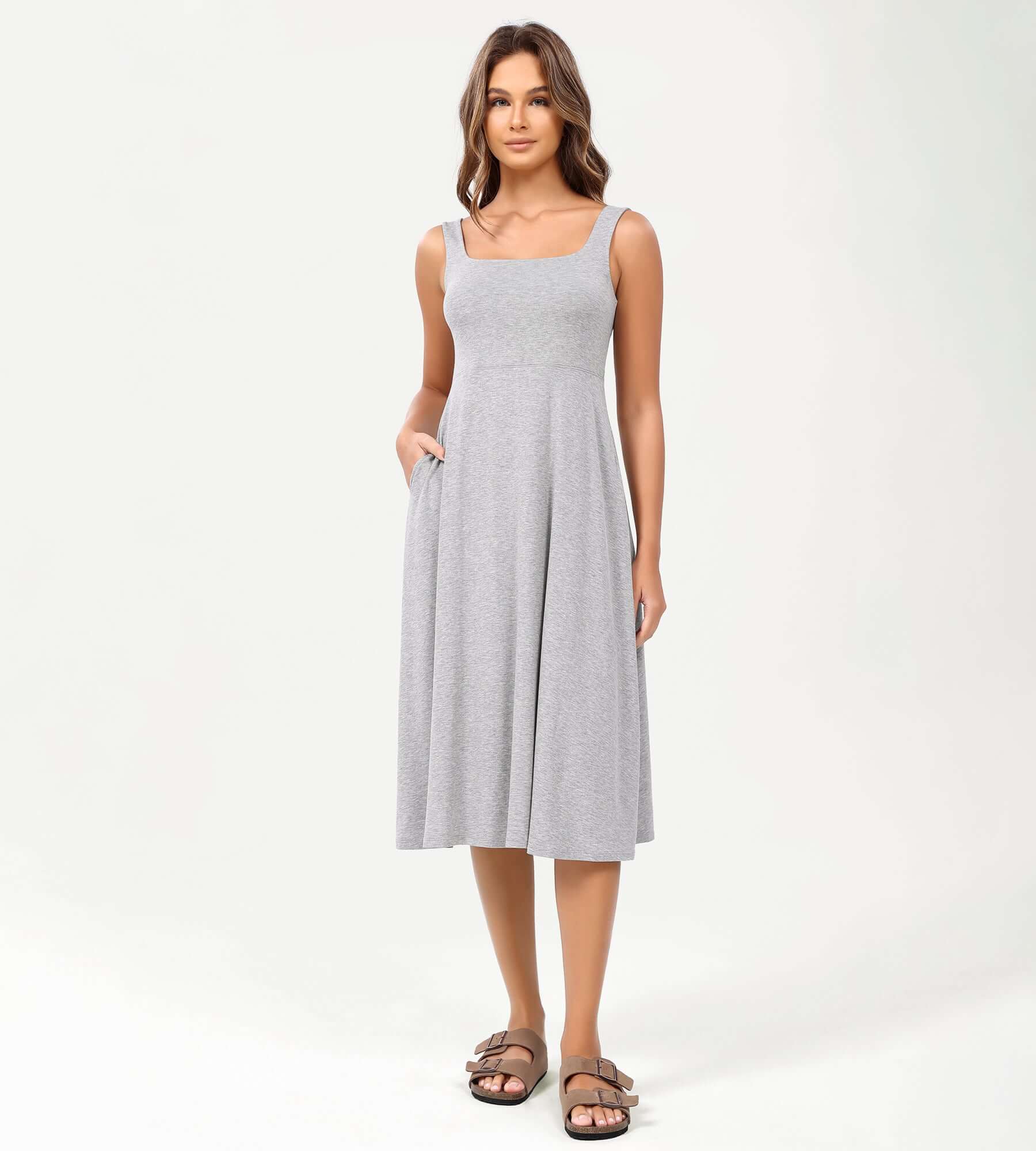 Square Neck Casual Sleeveless Sundress Flare Tank Dress with Pockets Grey Heather - ododos