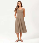 Square Neck Casual Sleeveless Sundress Flare Tank Dress with Pockets - ododos