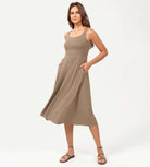 Square Neck Casual Sleeveless Sundress Flare Tank Dress with Pockets Khaki - ododos