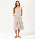 Square Neck Casual Sleeveless Sundress Flare Tank Dress with Pockets - ododos