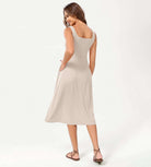 Square Neck Casual Sleeveless Sundress Flare Tank Dress with Pockets - ododos