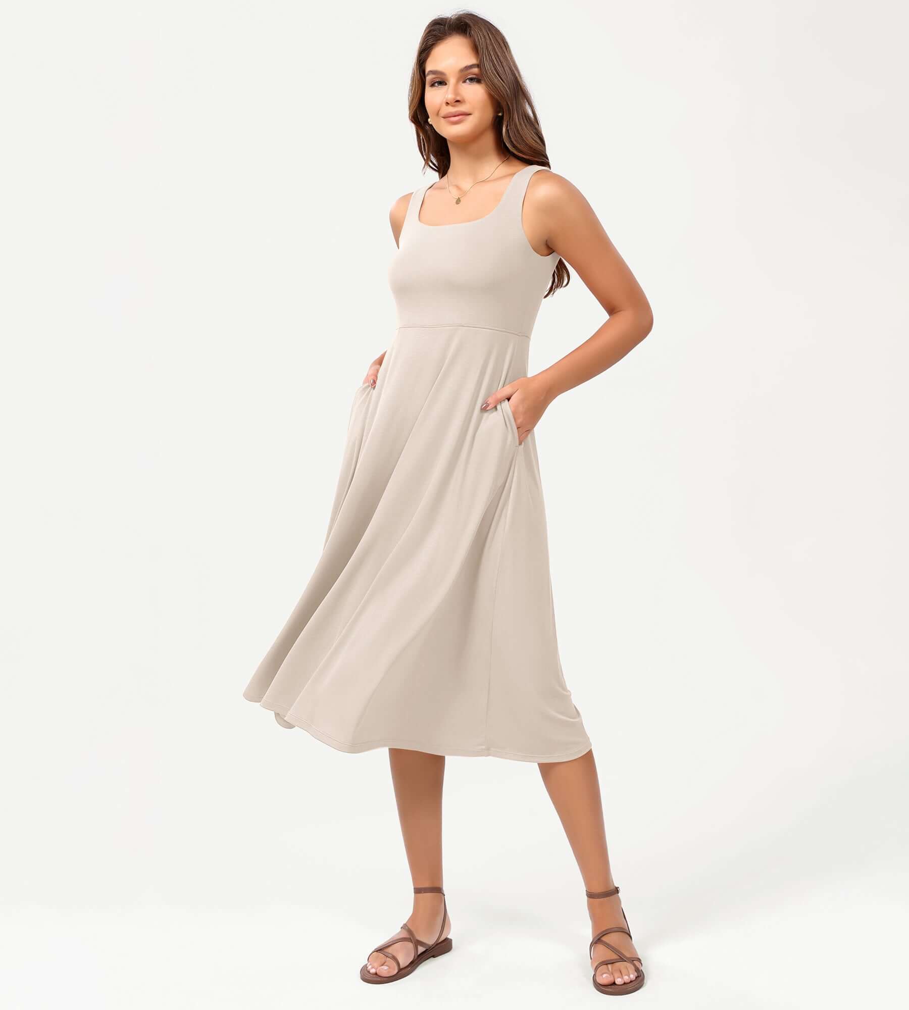 Square Neck Casual Sleeveless Sundress Flare Tank Dress with Pockets Taupe - ododos