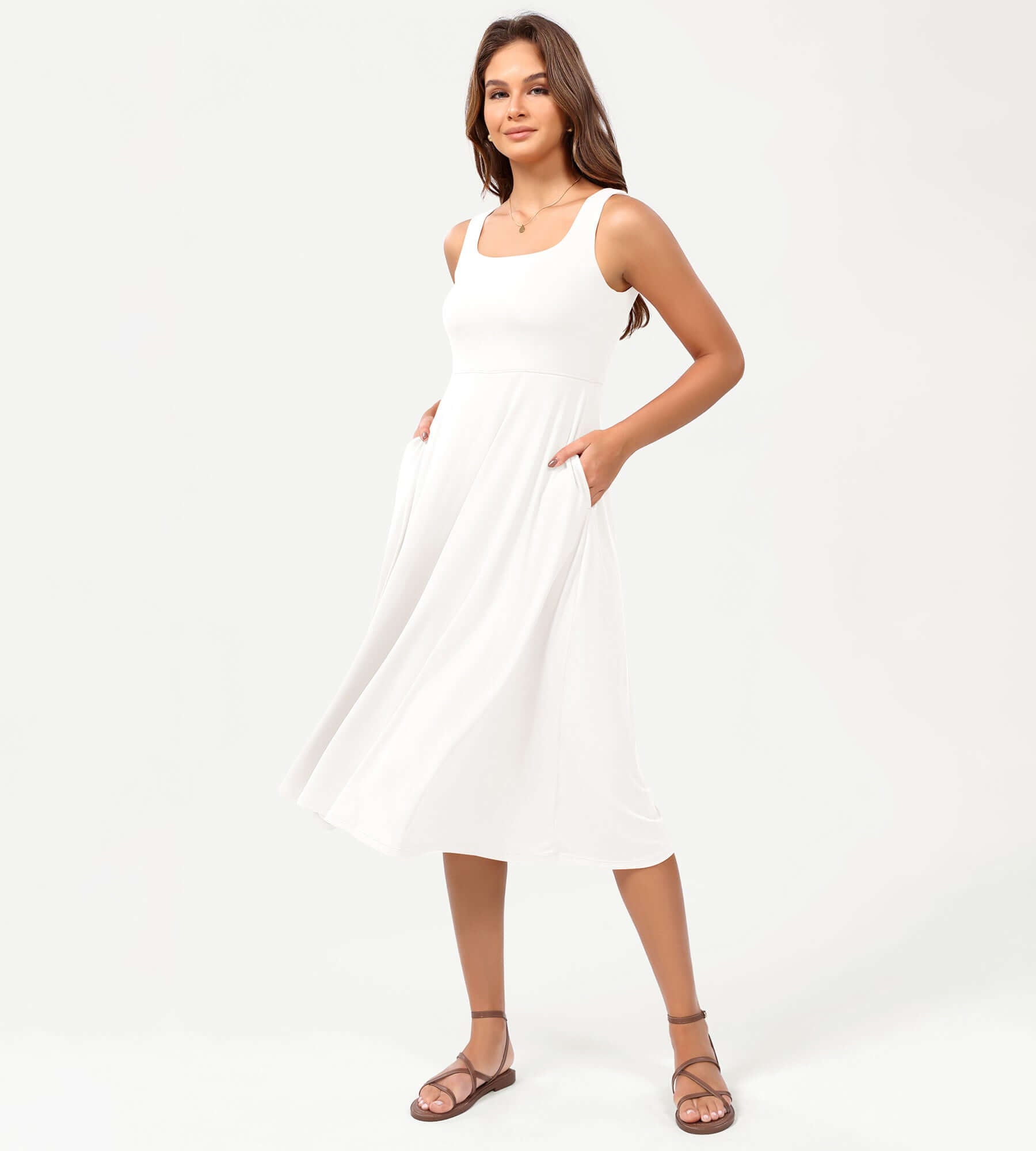 Square Neck Casual Sleeveless Sundress Flare Tank Dress with Pockets White - ododos