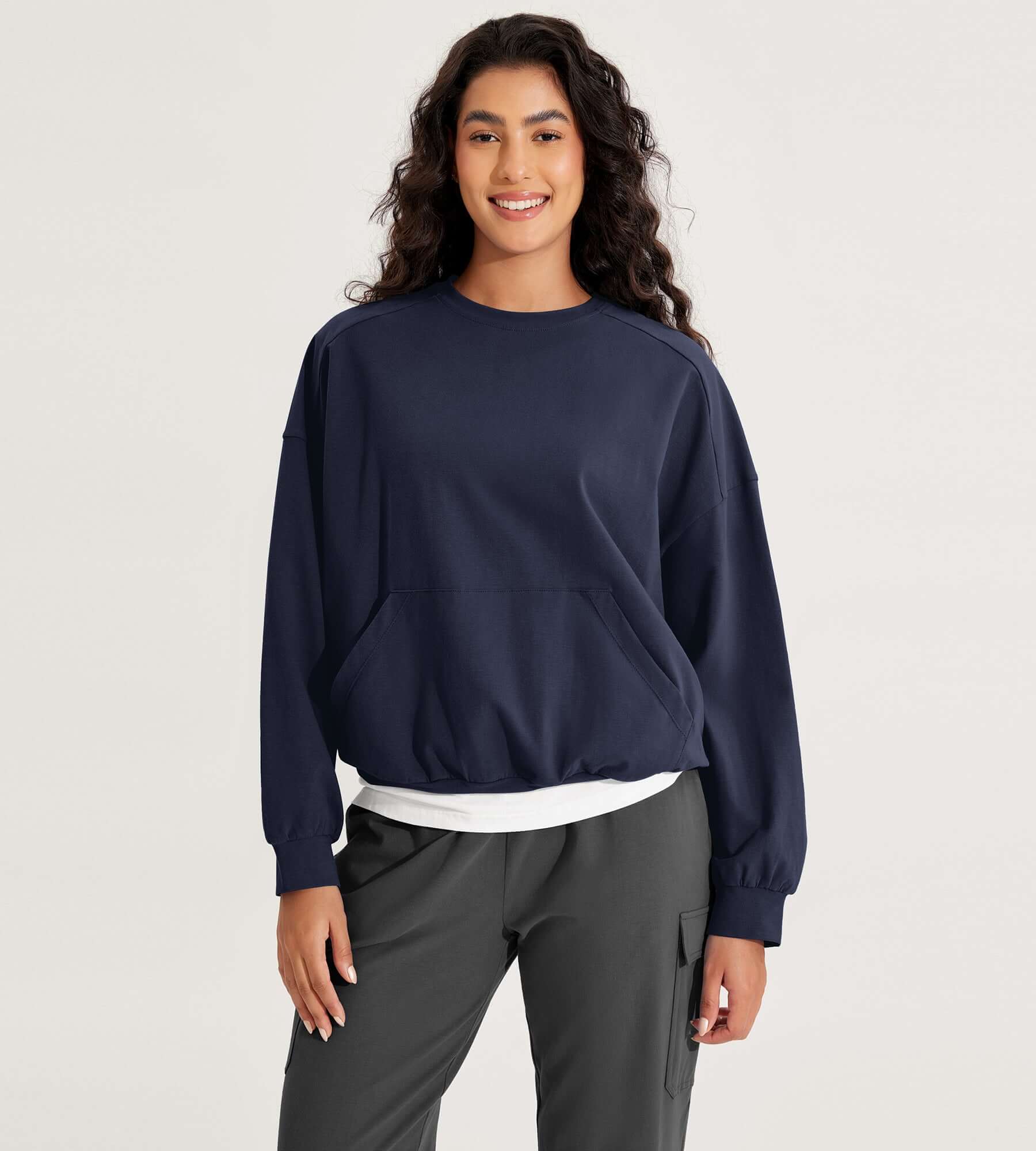 Cotton Soft Oversized Sweatshirts Pullover with Kangaroo Pocket Dark Blue - ododos