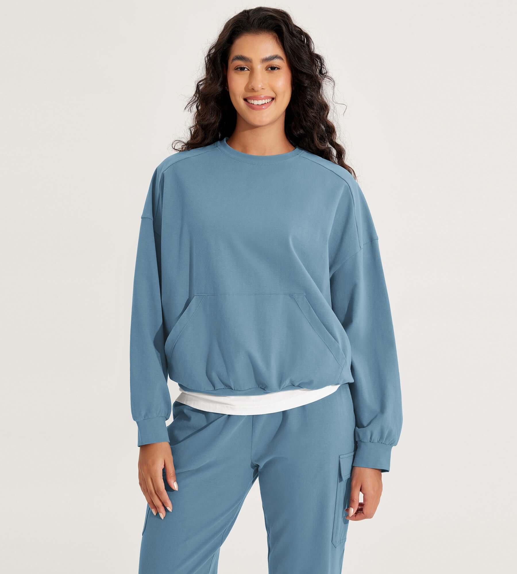 Cotton Soft Oversized Sweatshirts Pullover with Kangaroo Pocket Steel Blue - ododos