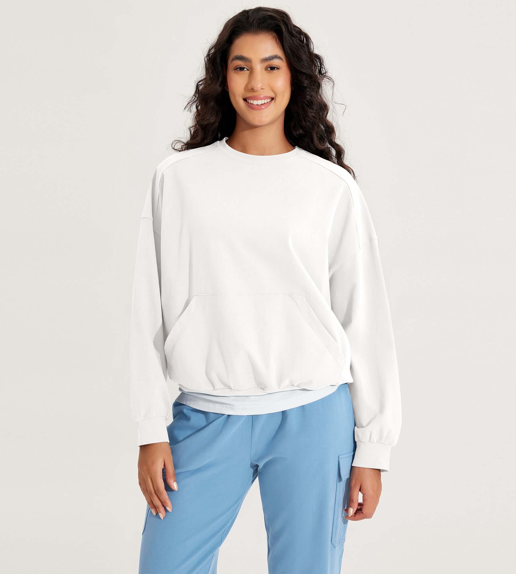 Cotton Soft Oversized Sweatshirts Pullover with Kangaroo Pocket White - ododos