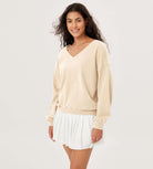 Cotton Soft Double V Long Sleeve Fall Sweatshirts Beige - ododos