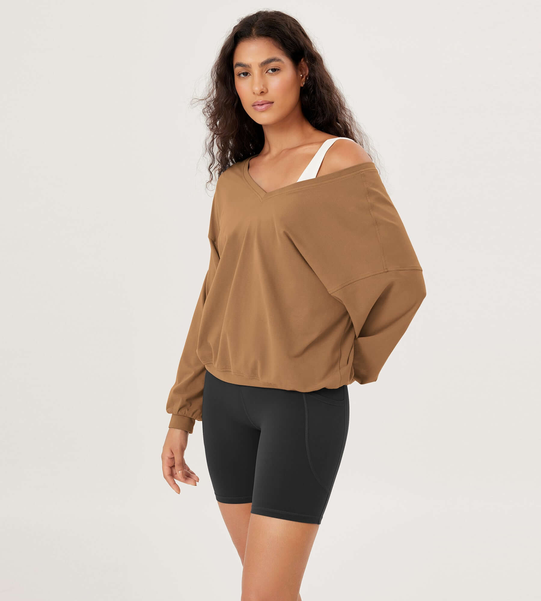 Cotton Soft Double V Long Sleeve Fall Sweatshirts Brown - ododos