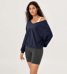 Cotton Soft Double V Long Sleeve Fall Sweatshirts Dark Blue - ododos