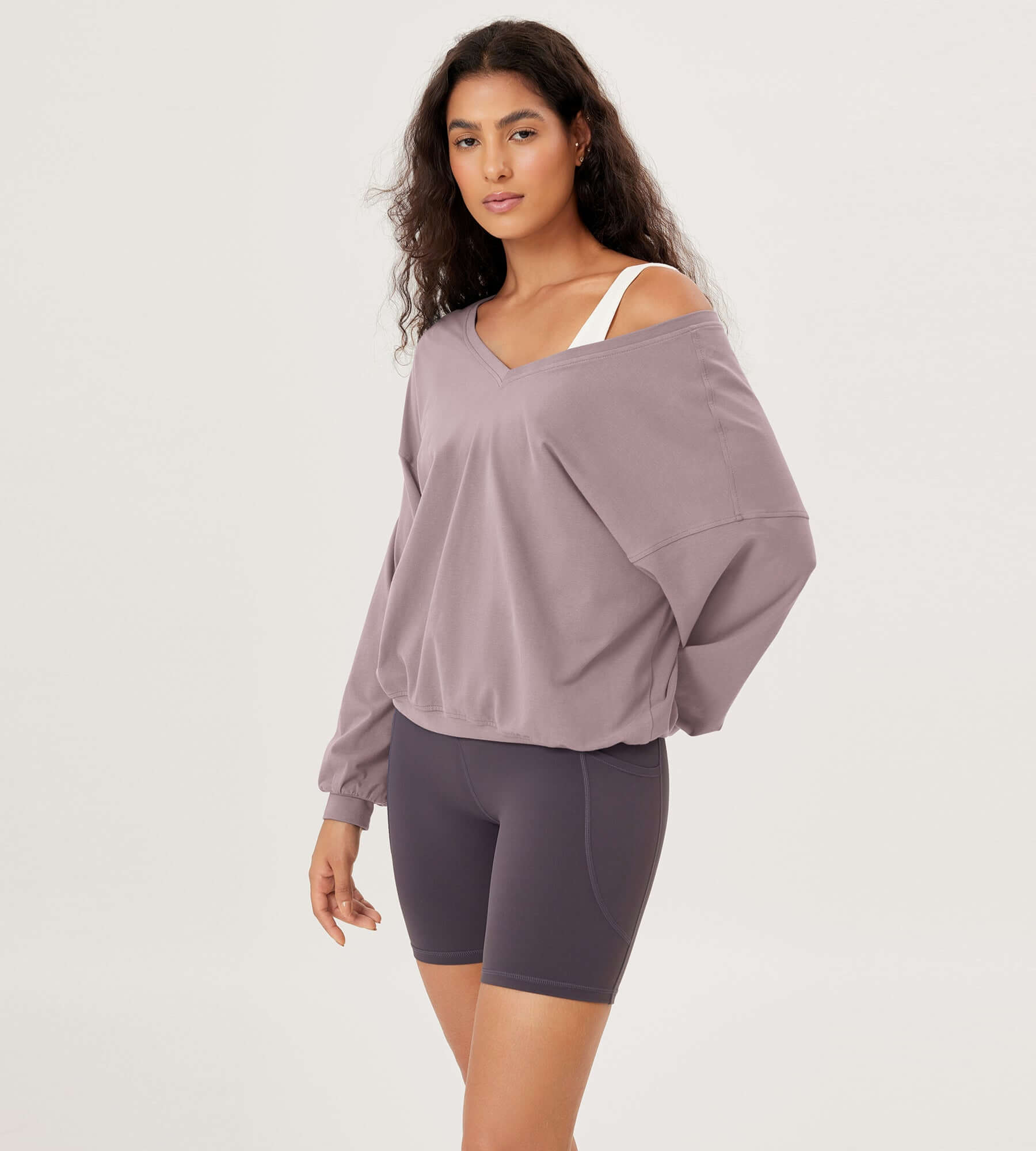 Cotton Soft Double V Long Sleeve Fall Sweatshirts Purple Taupe - ododos