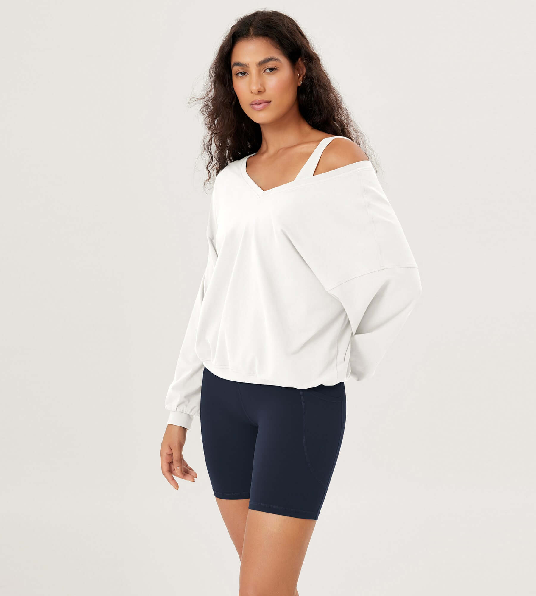 Cotton Soft Double V Long Sleeve Fall Sweatshirts White - ododos