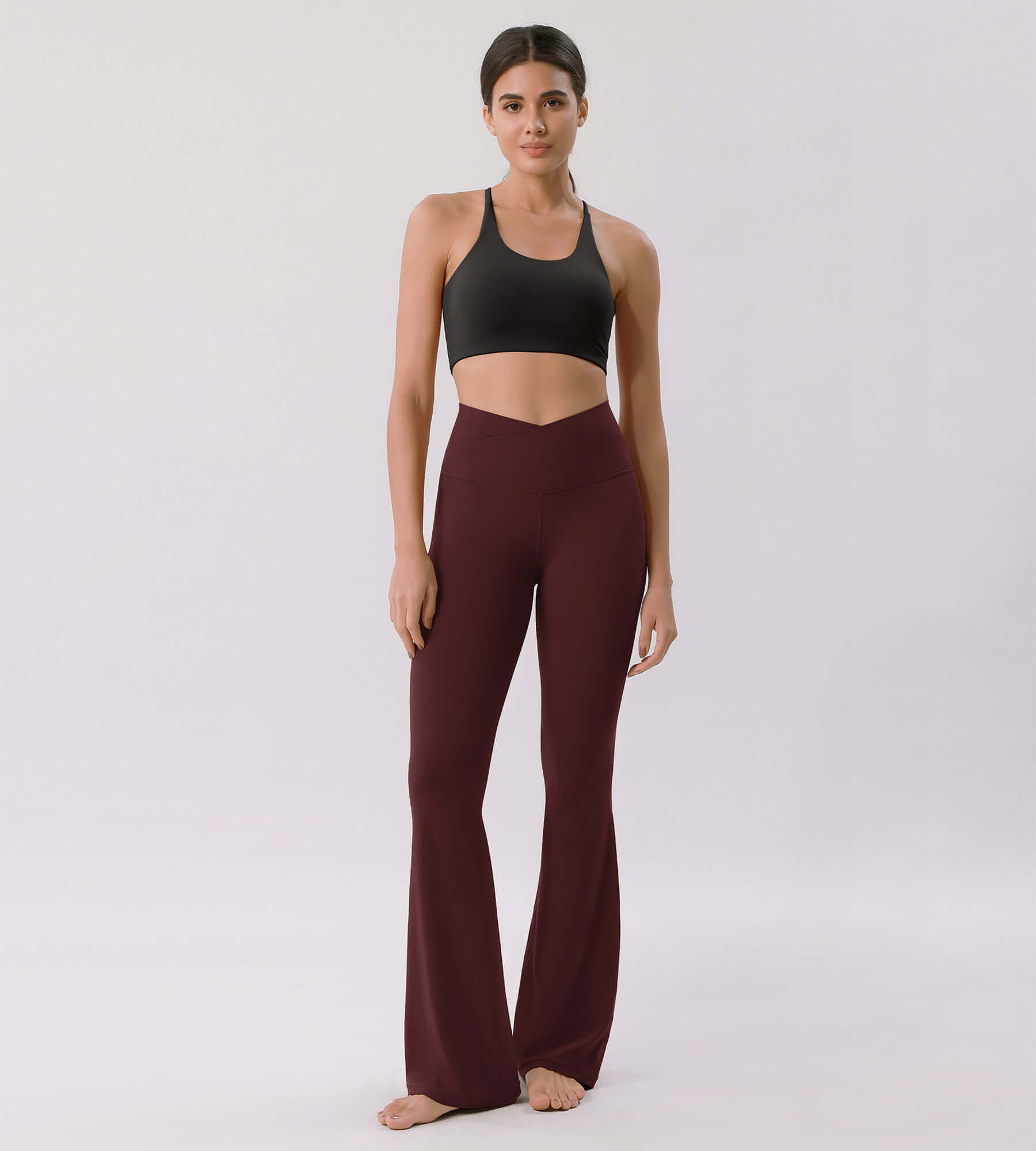 Cloud Feeling 32 Crossover High Waist Flared Pants Burgundy - ododos