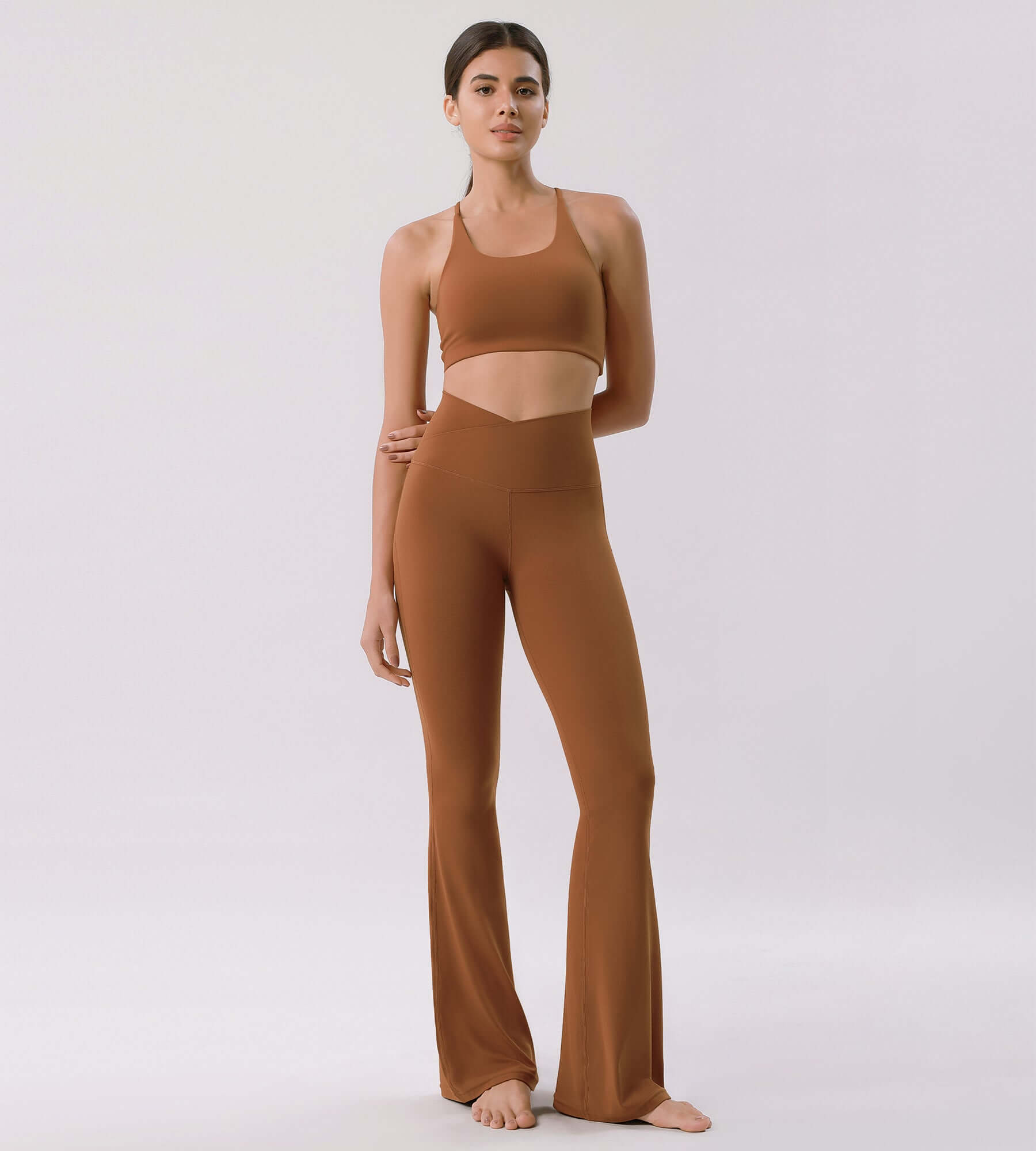 Cloud Feeling 32 Crossover High Waist Flared Pants Caramel - ododos