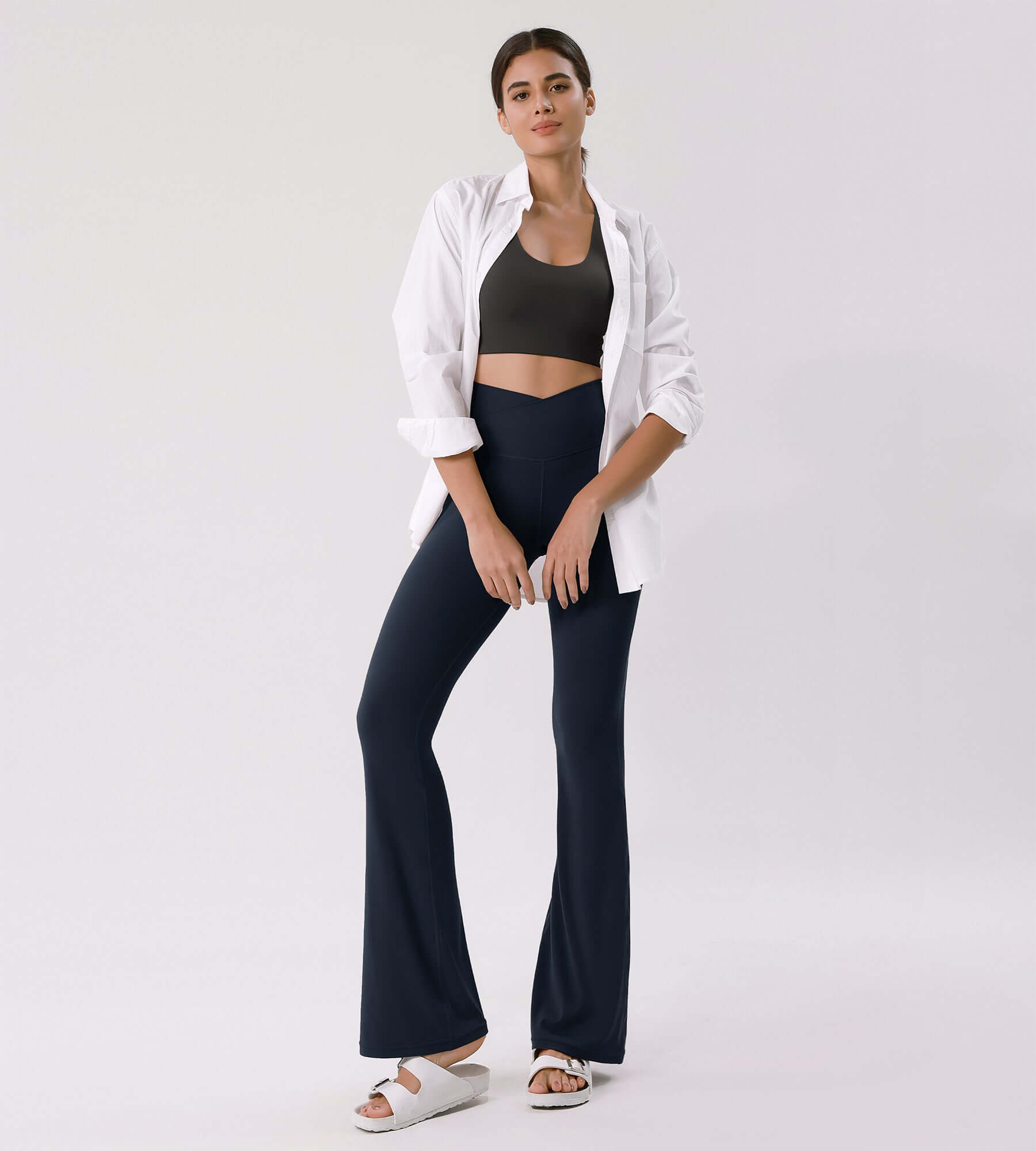 Cloud Feeling 32 Crossover High Waist Flared Pants Deep Navy - ododos