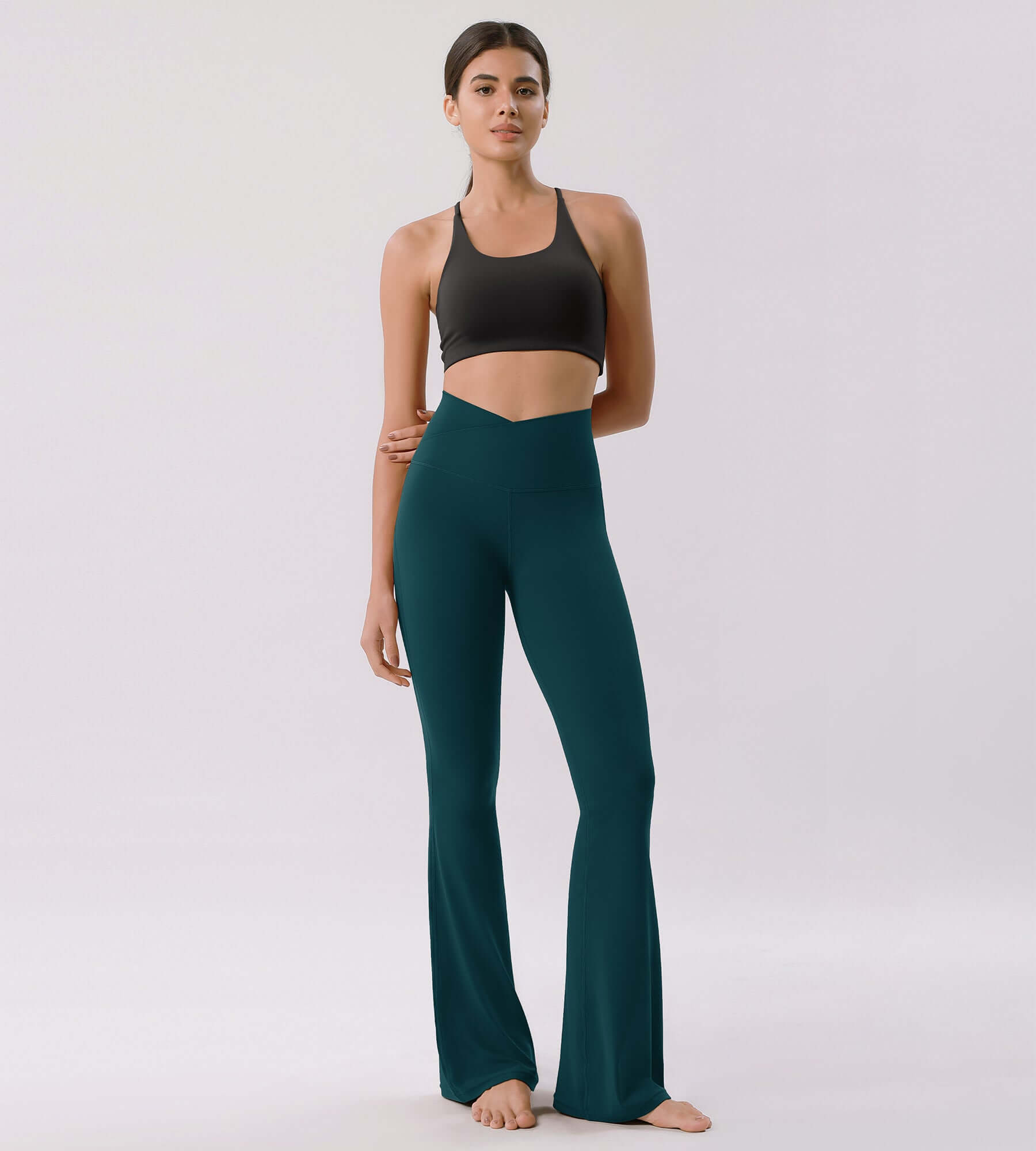 Cloud Feeling 32 Crossover High Waist Flared Pants Forest Teal - ododos