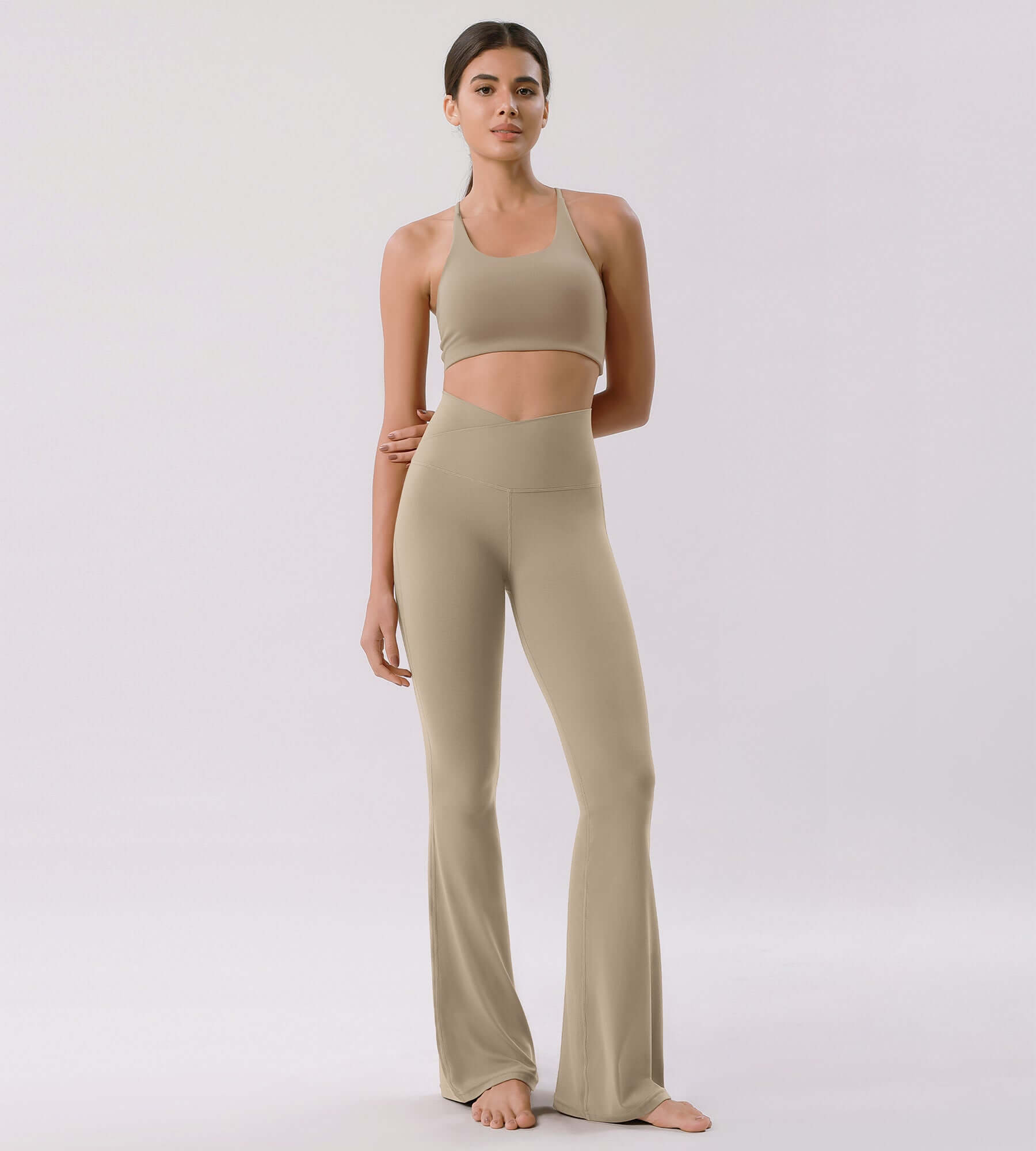 Cloud Feeling 30 Crossover High Waist Flared Pants Shaker Beige - ododos