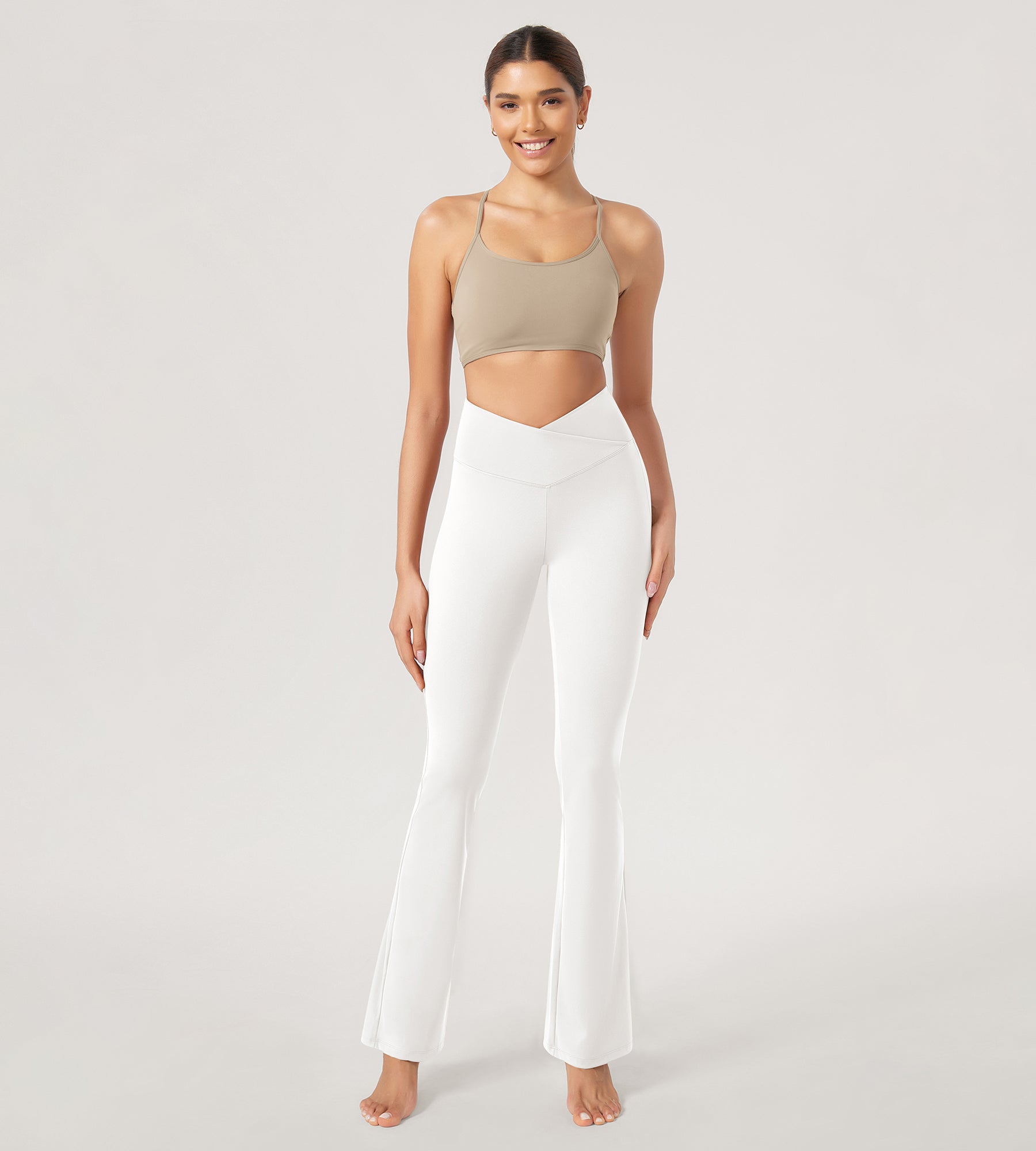 31??Cross Waist Workout Yoga Flare Pants White - ododos