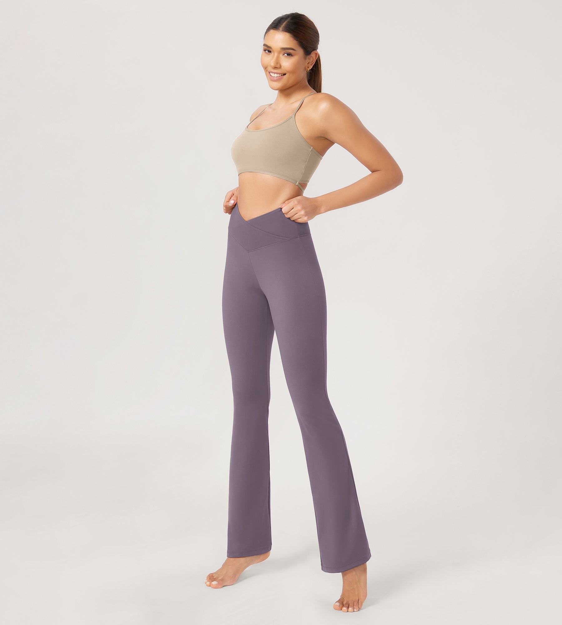 31??Cross Waist Workout Yoga Flare Pants Ash Violet - ododos