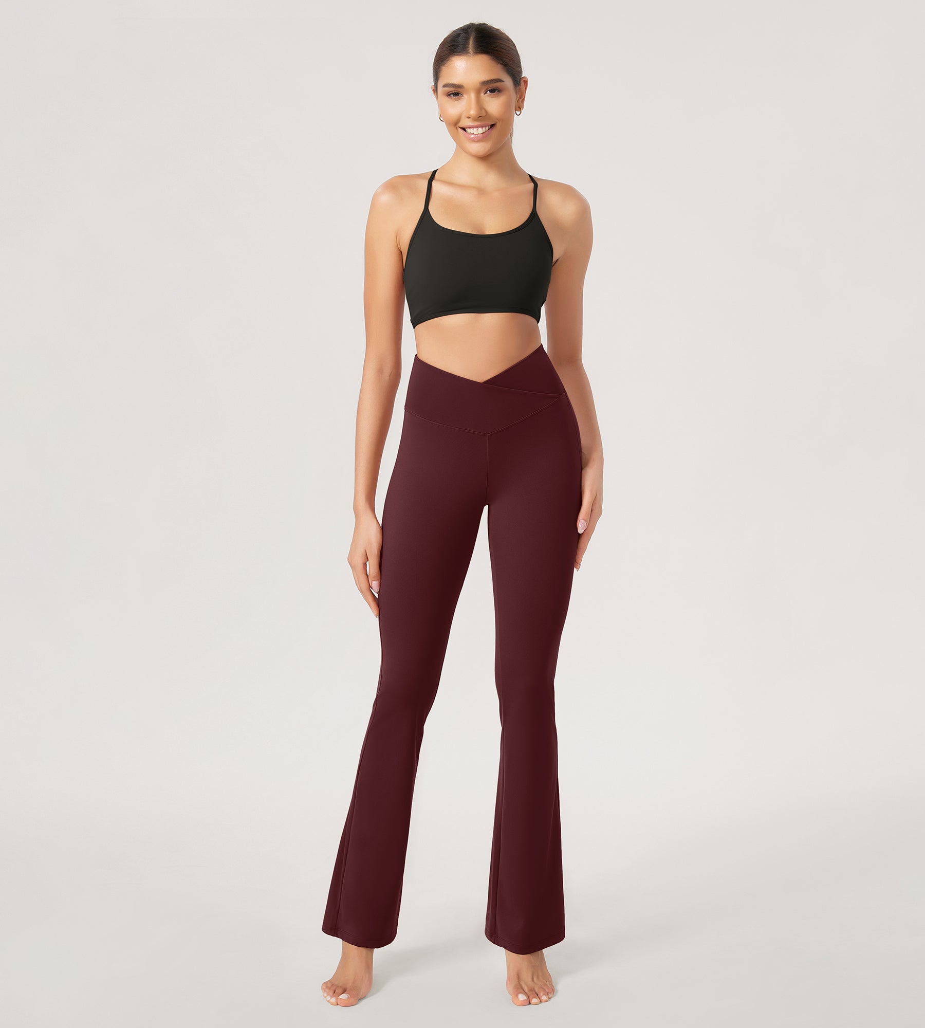 31??Cross Waist Workout Yoga Flare Pants Burgundy - ododos