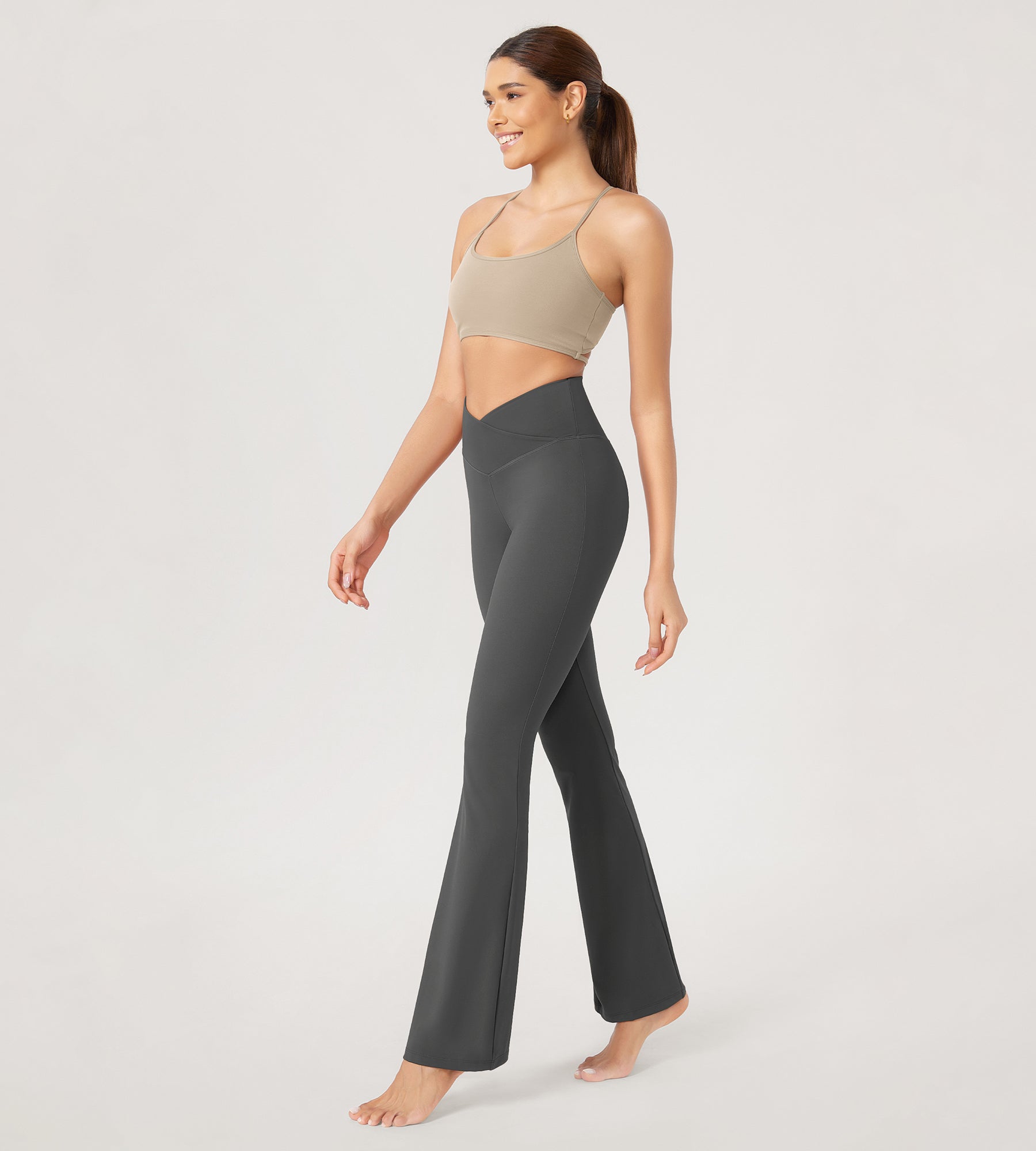 31??Cross Waist Workout Yoga Flare Pants Charcoal - ododos