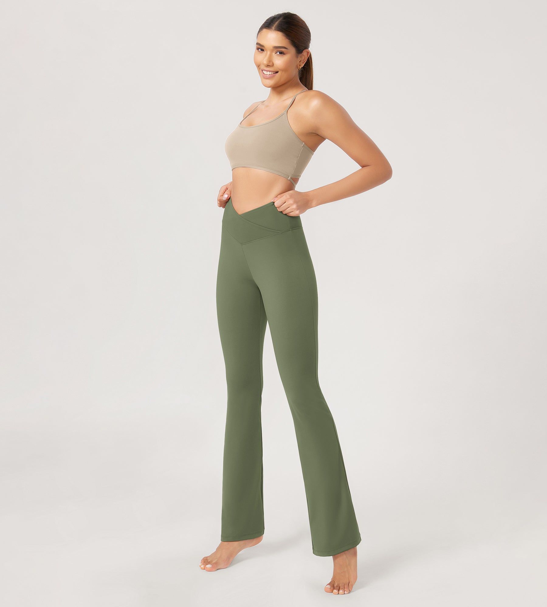31??Cross Waist Workout Yoga Flare Pants Dark Olive - ododos