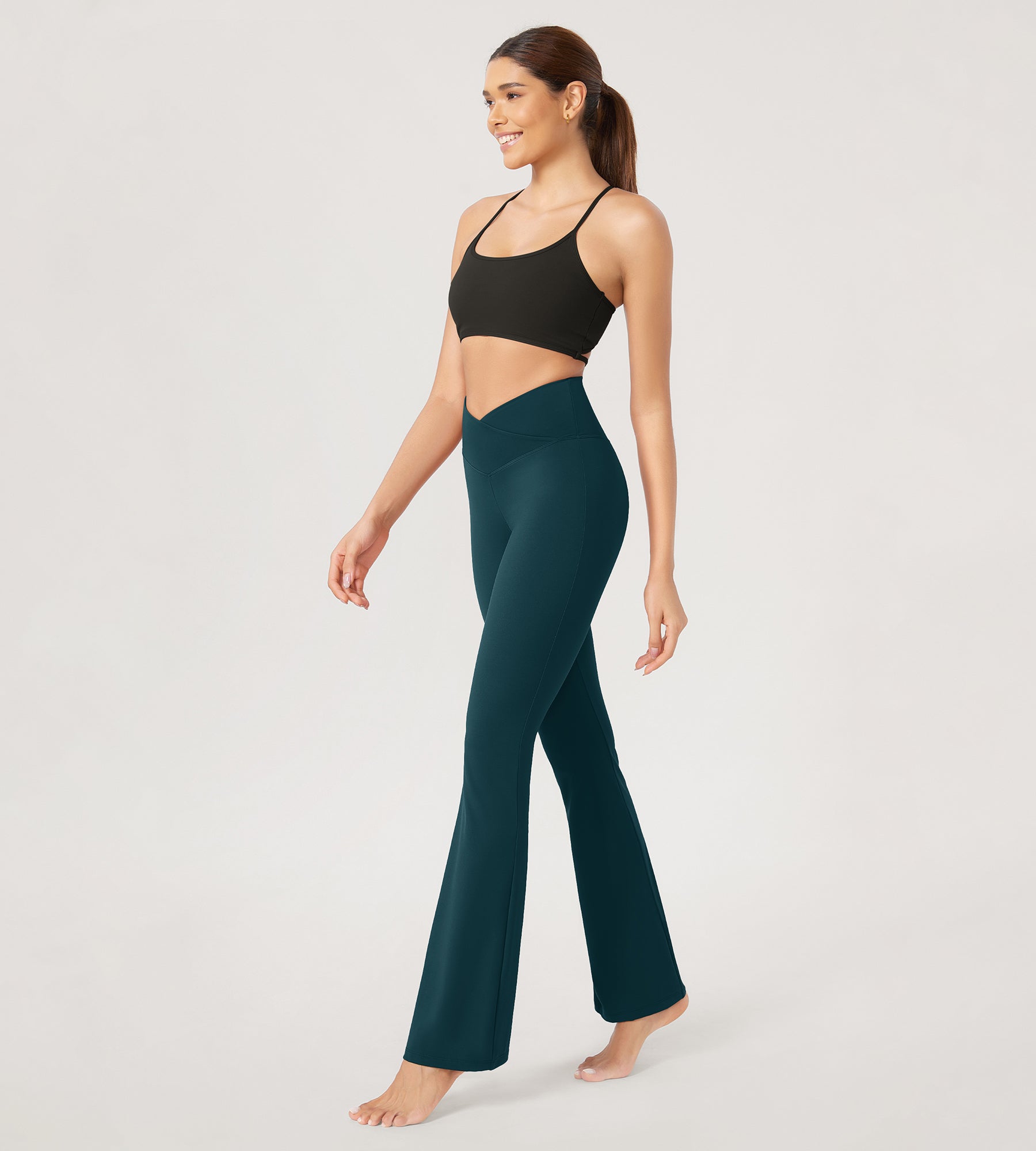31??Cross Waist Workout Yoga Flare Pants Forest Teal - ododos