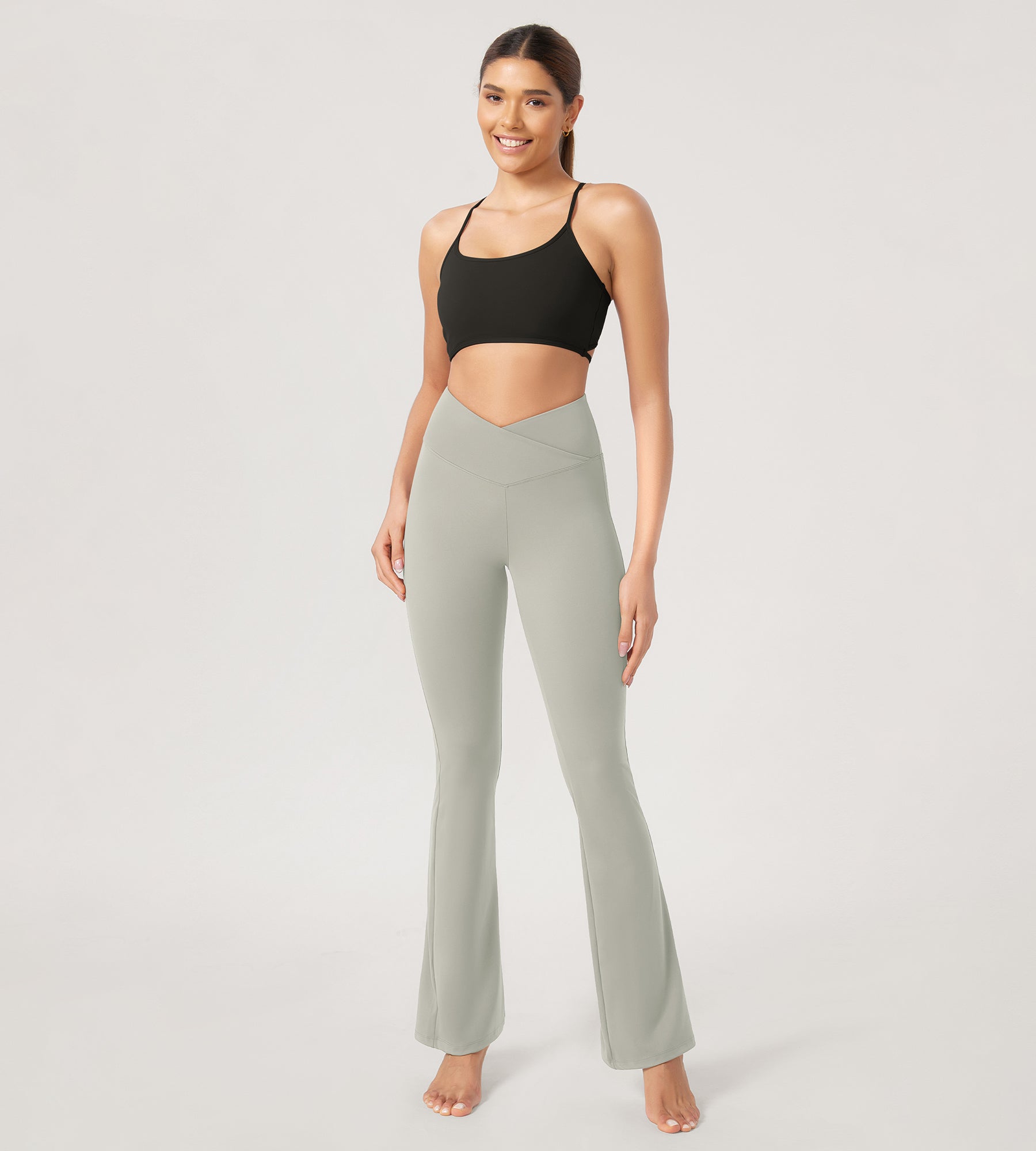 31??Cross Waist Workout Yoga Flare Pants Light Grey - ododos