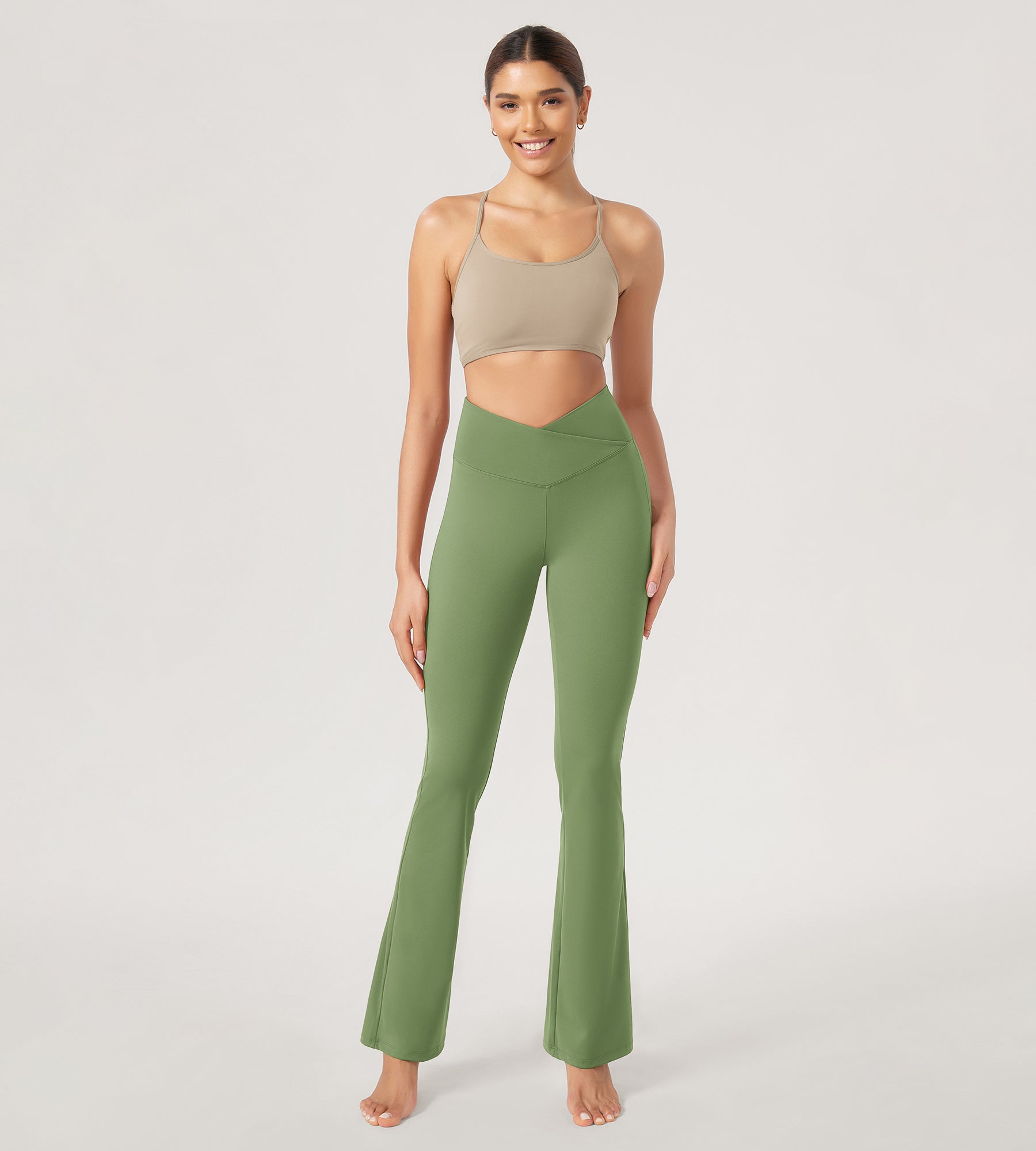 31??Cross Waist Workout Yoga Flare Pants Light Olive - ododos