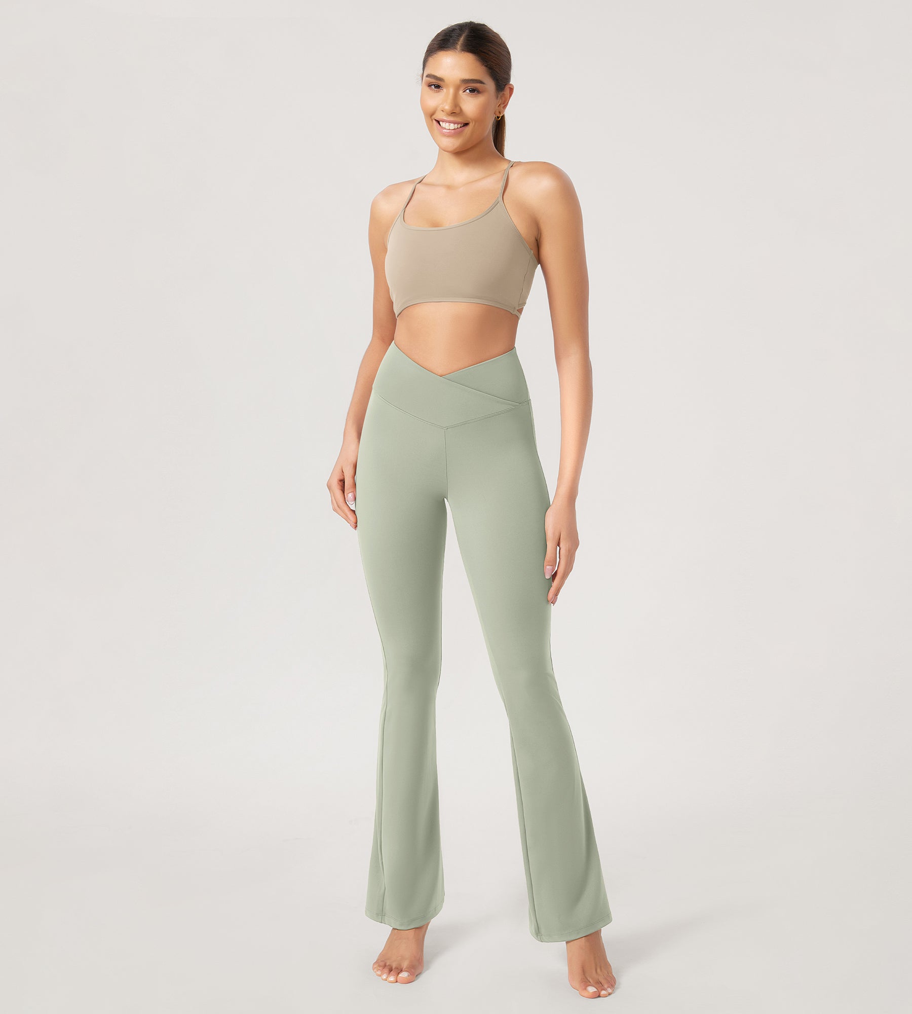 31??Cross Waist Workout Yoga Flare Pants Lime Stone - ododos