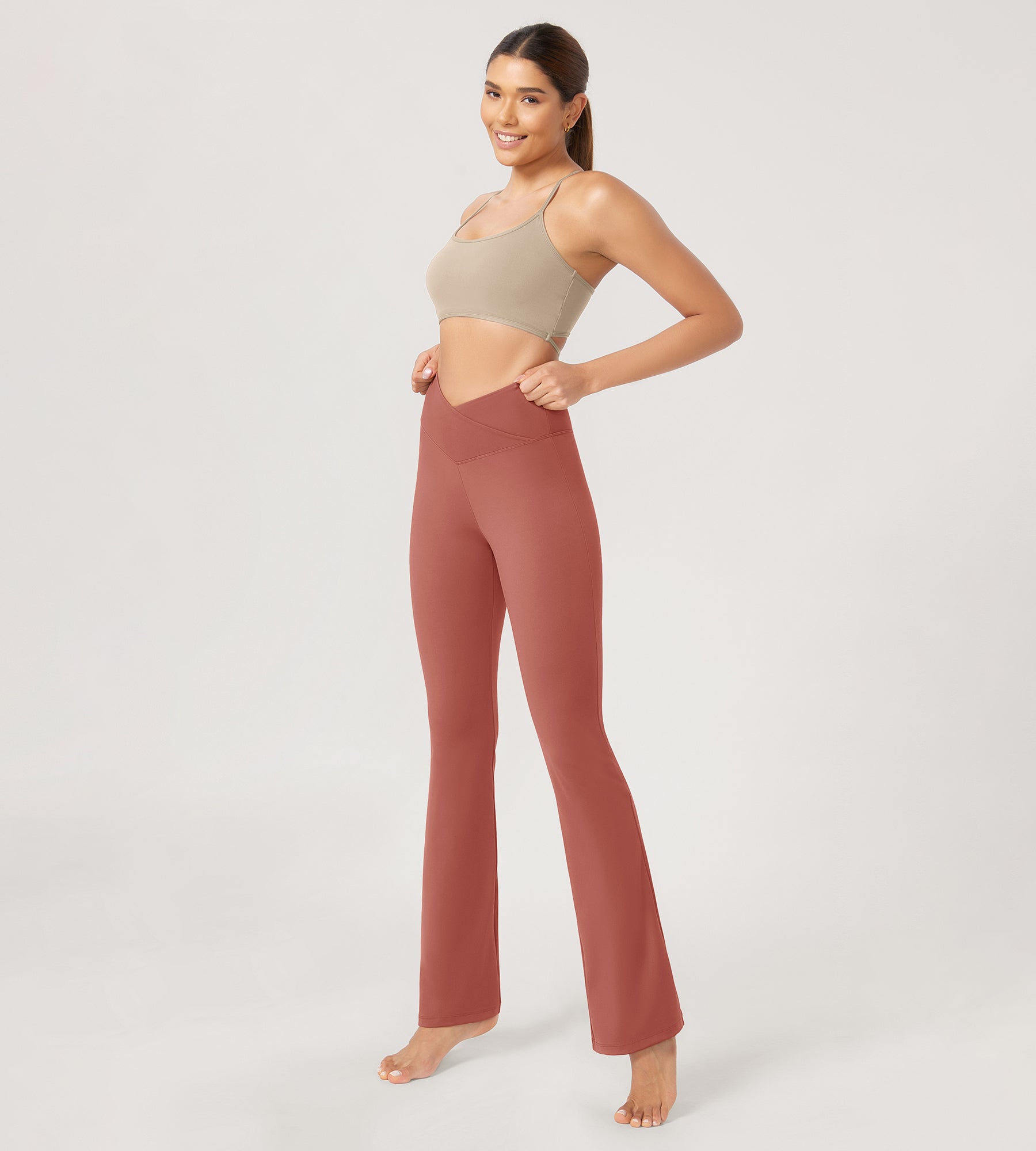 31??Cross Waist Workout Yoga Flare Pants Mauve - ododos