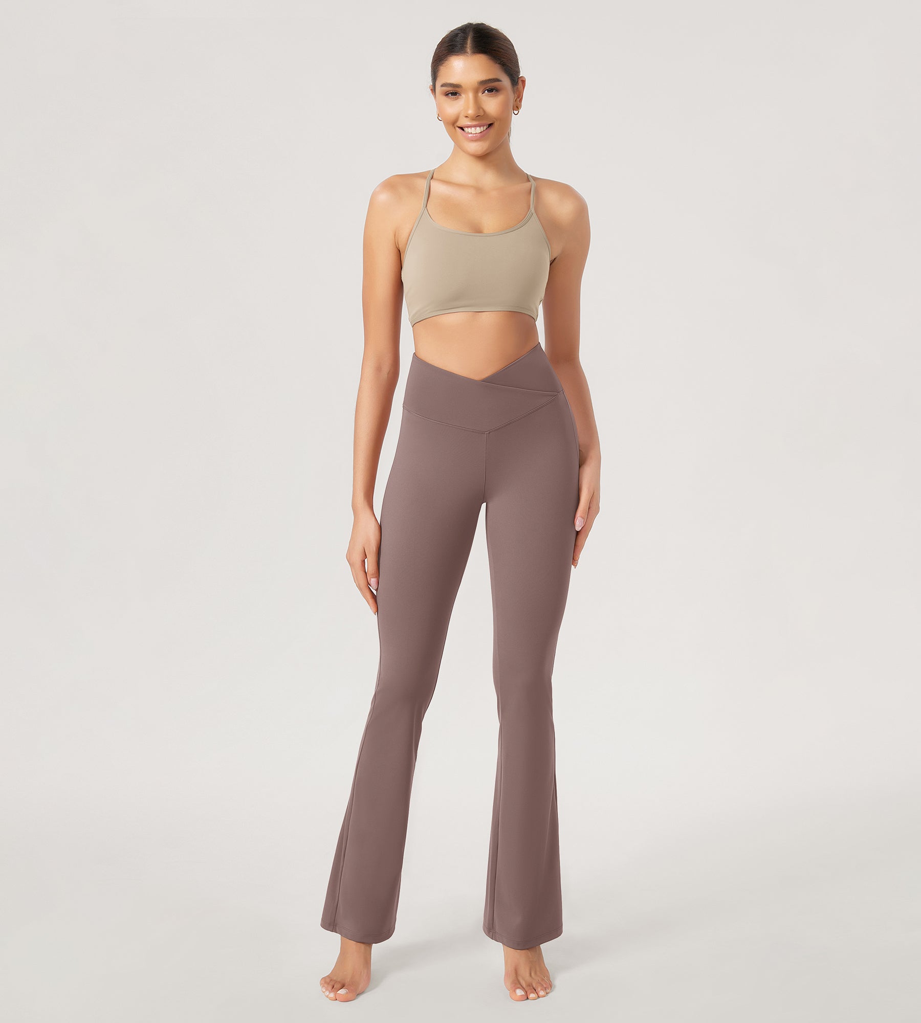 31??Cross Waist Workout Yoga Flare Pants Purple Taupe - ododos