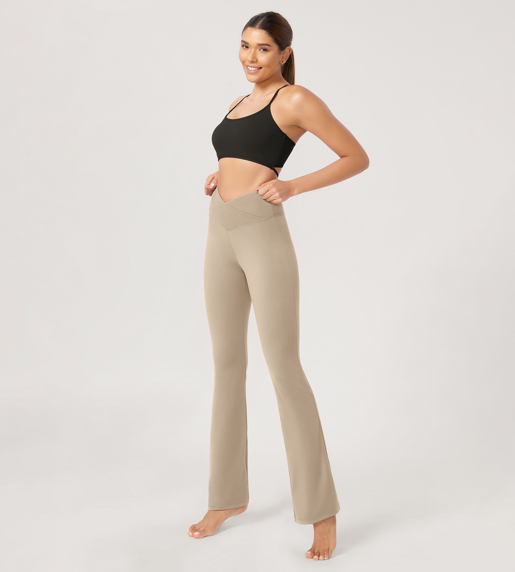31??Cross Waist Workout Yoga Flare Pants Shaker Beige - ododos