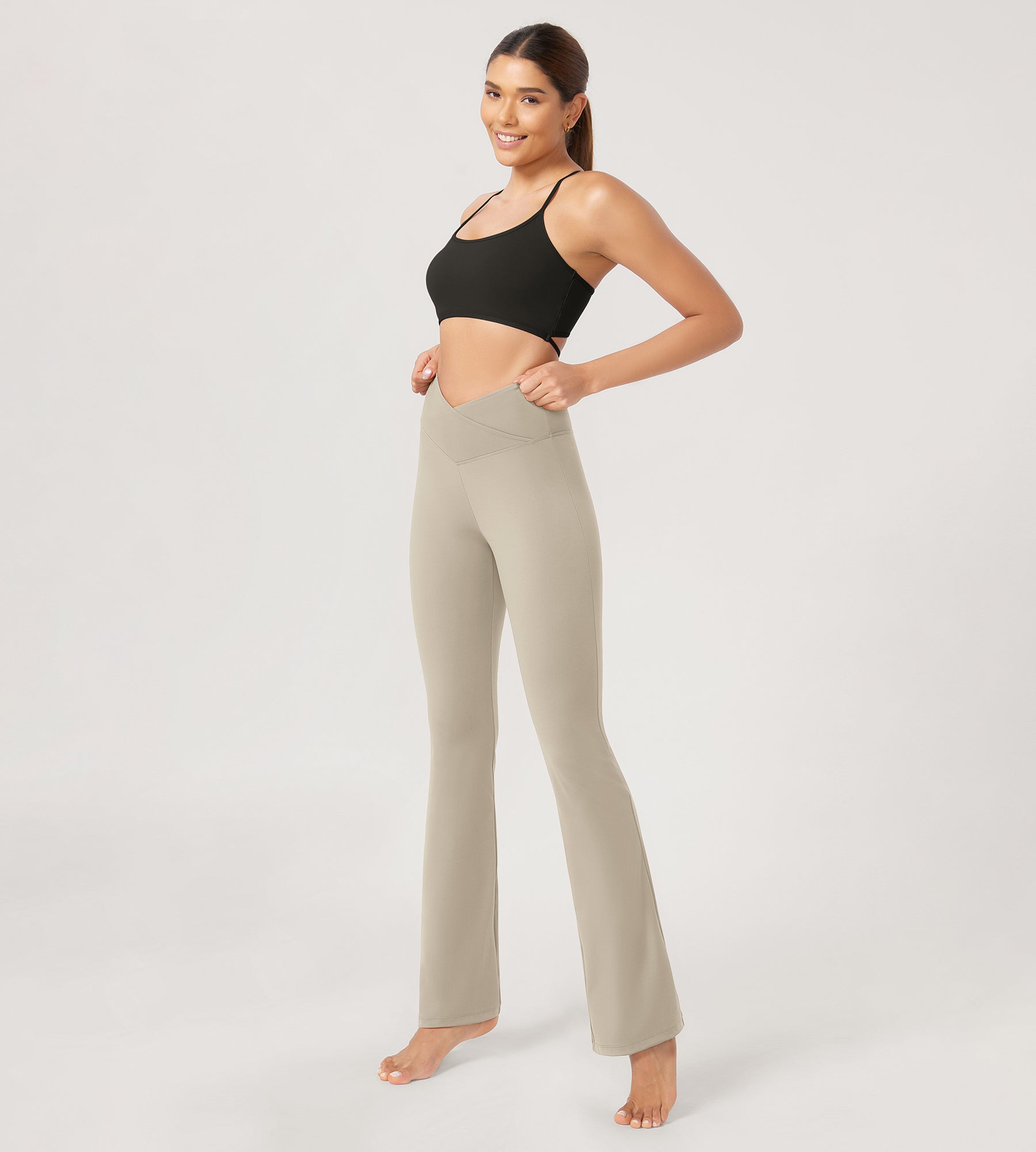 31??Cross Waist Workout Yoga Flare Pants Taupe - ododos