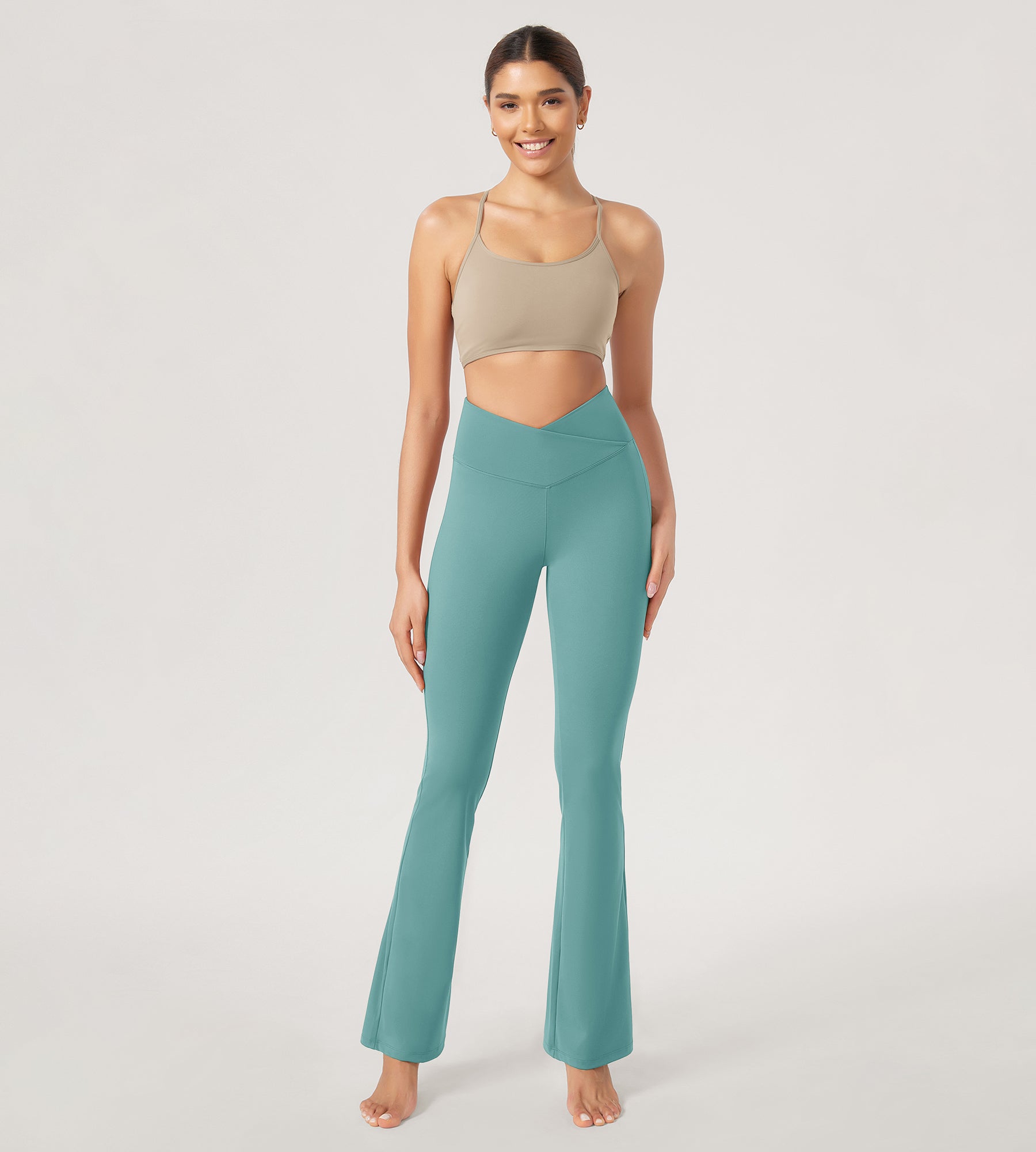 31??Cross Waist Workout Yoga Flare Pants Teal - ododos