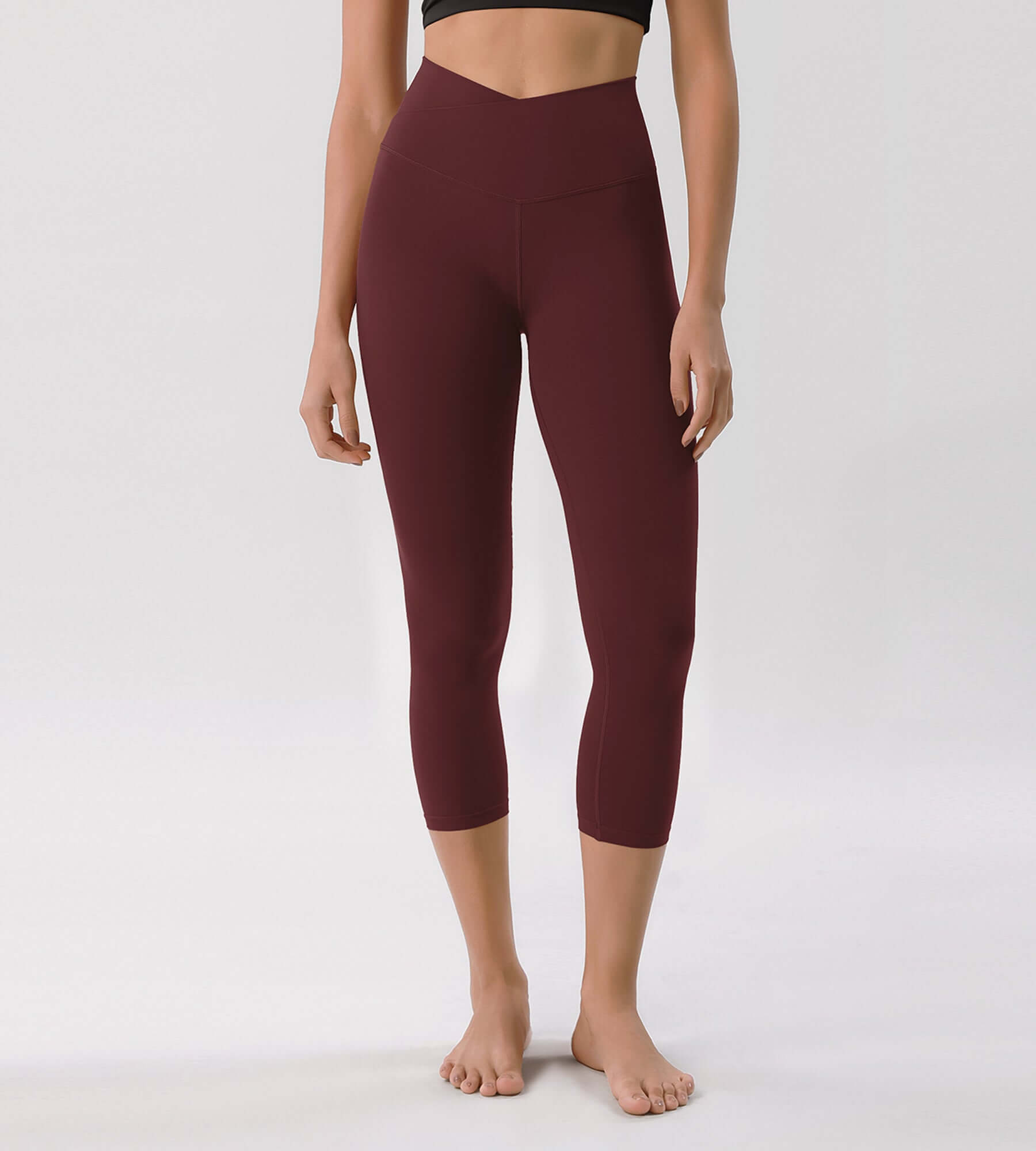 Odcloud 23" Crossover High Wasit Lounge 7/8 Leggings with Pockets Burgundy - ododos