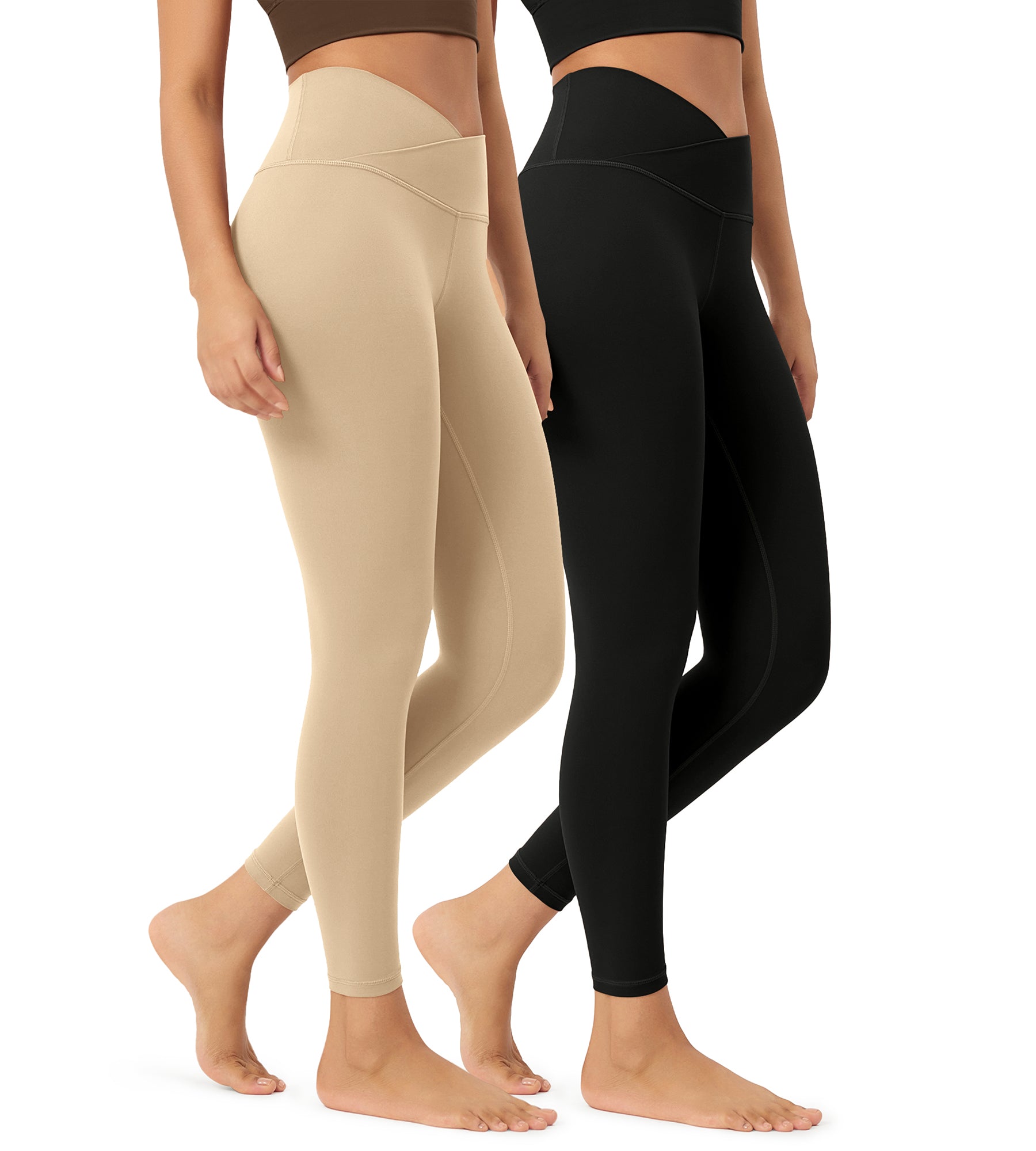 2 Pack 25" Buttery Soft Crossover Lounge Yoga Waist Leggings Black+Beige - ododos