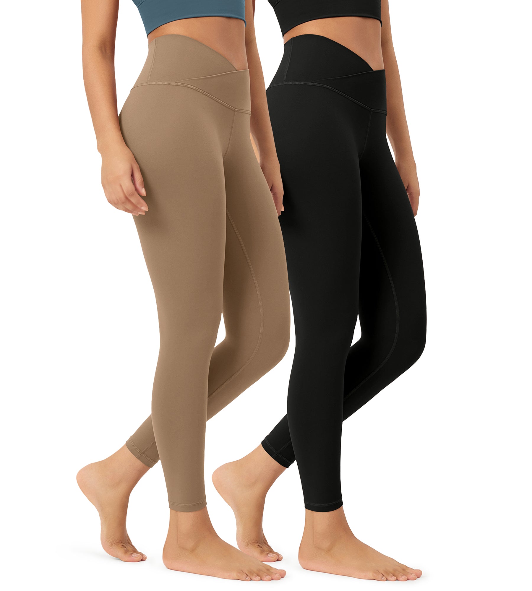 2 Pack 25" Buttery Soft Crossover Lounge Yoga Waist Leggings Black+light Brown - ododos